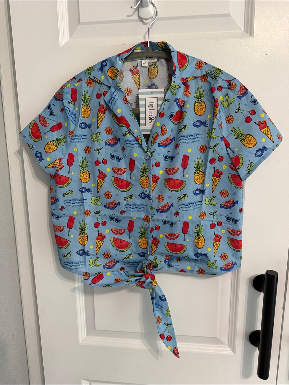 Tropical Fruit Tie-Front Crop Shirt - Light Blue - Picture 2 of 6